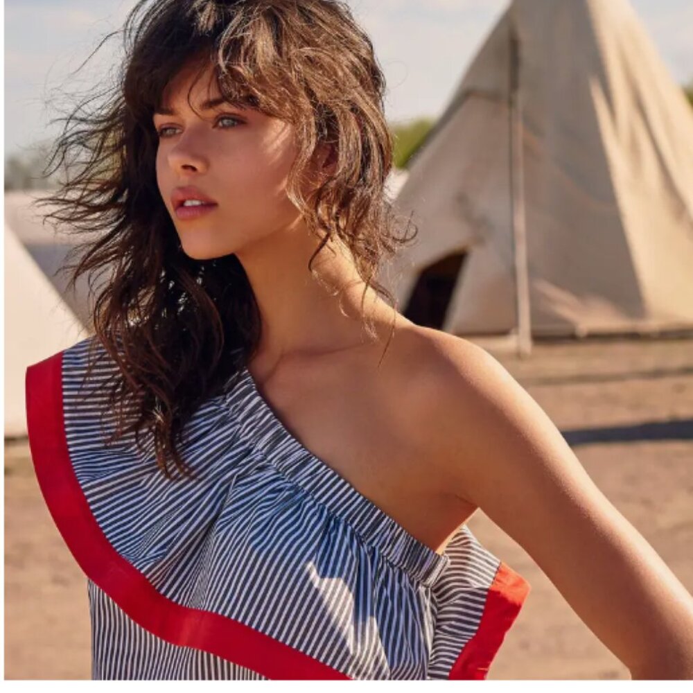 Vince Camuto Asymmetrical Ruffle Top Festival Nautical Sailor Seersucker PXS